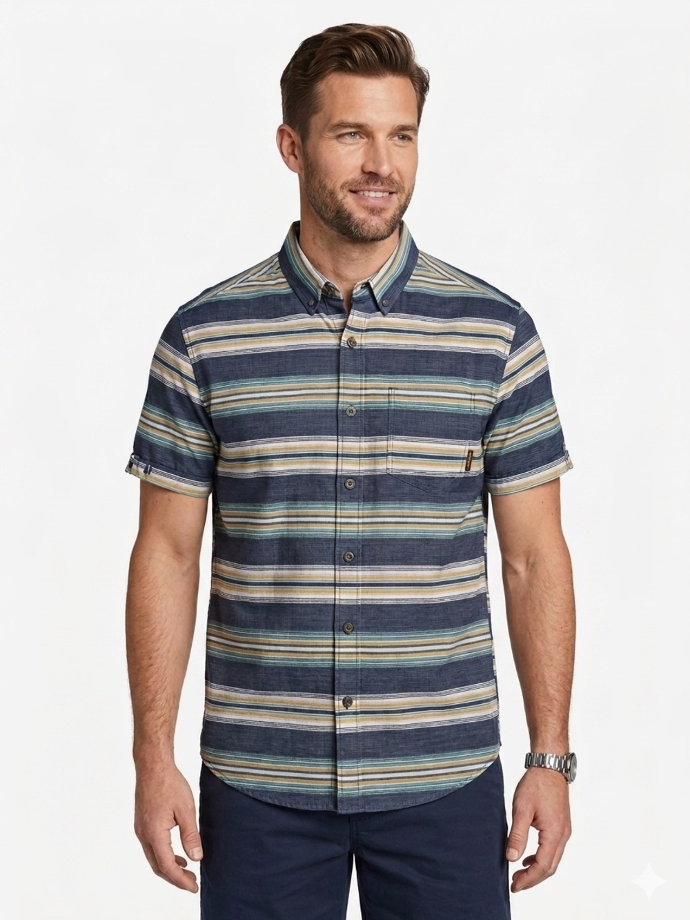 NWT Eddie Bauer Baja Blue Stripe Short Sleeve Button-Down Shirt Size Medium